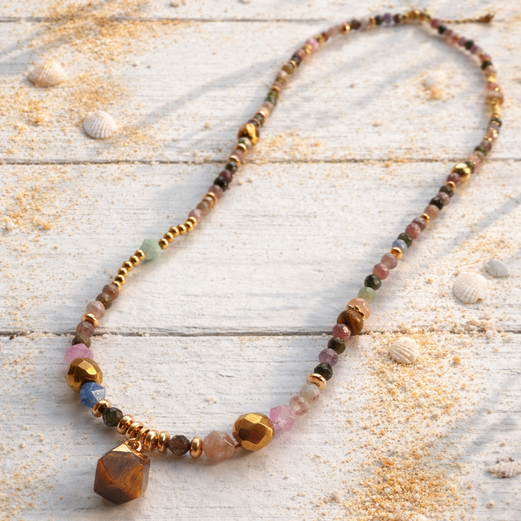 ANTARES - Tourmaline & Agate, charm & Tiger Eye pendant, 3x wraps bracelet