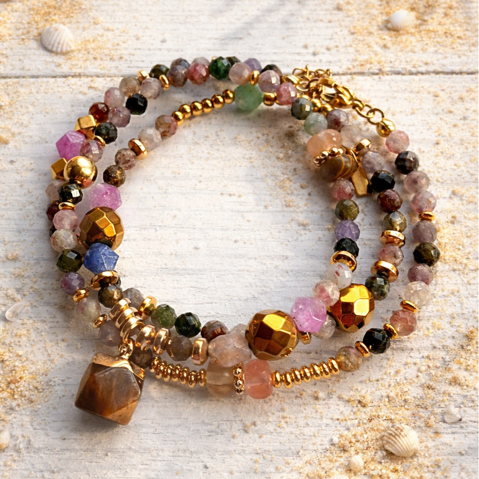 ANTARES - Tourmaline & Agate, charm & Tiger Eye pendant, 3x wraps bracelet