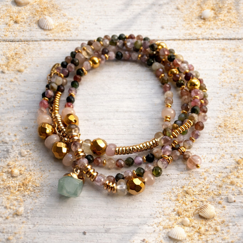 VEGA - Tourmaline & Agate & Amazonite, charm & pendant, 5x wraps bracelet