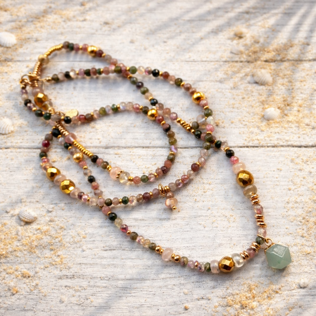VEGA - Tourmaline & Agate & Amazonite, charm & pendant, 5x wraps bracelet