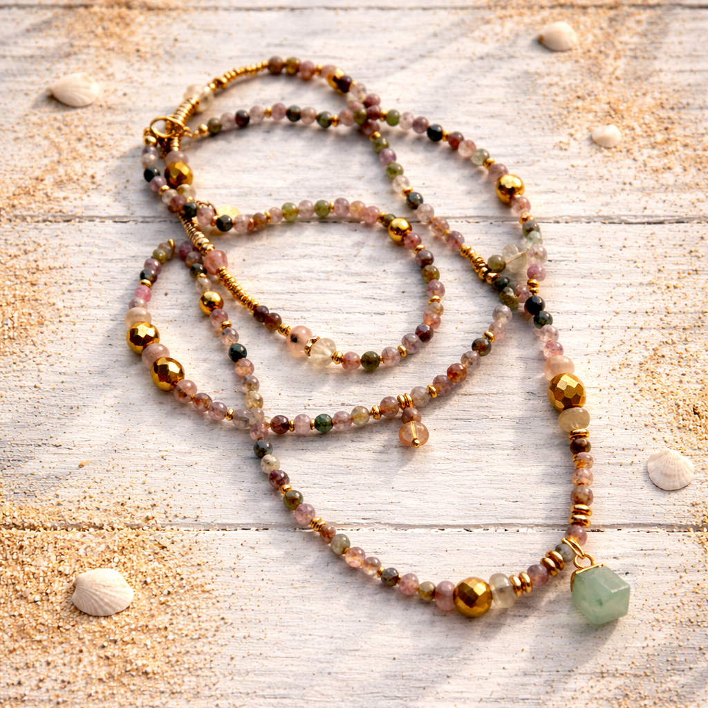 VEGA - Tourmaline & Agate & Amazonite, charm & pendant, 5x wraps bracelet