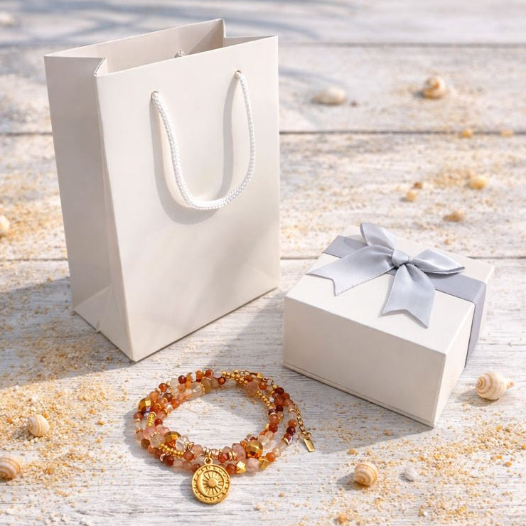 ANTARES - Red Quartz & Agate, 18k plated pendant, 3x wraps bracelet