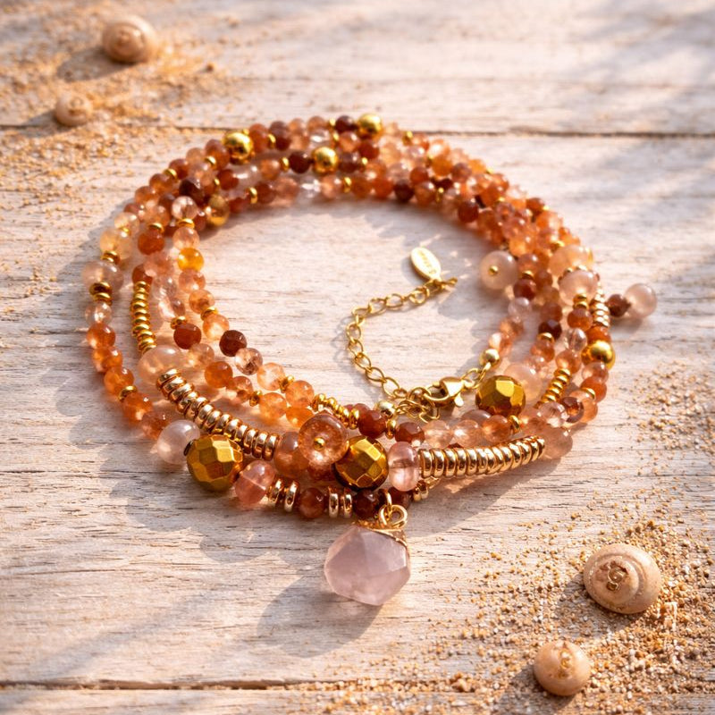 VEGA - Red Quartz & Agate & Peel, charm & pendant, 5x wraps bracelet