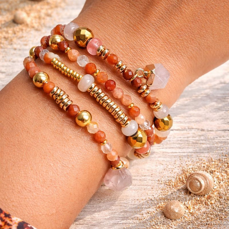 VEGA - Red Quartz & Agate & Peel, charm & pendant, 5x wraps bracelet