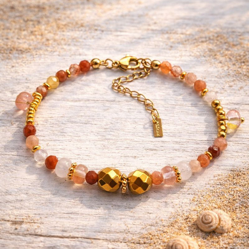 MIRA - Red Quartz & Agate & Peel, golden Hematite charm bracelet
