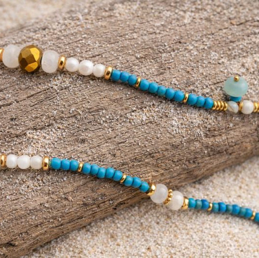 ANTARES - Turquoise & Amazonite & Shell, charm & pendant, 3x wraps bracelet