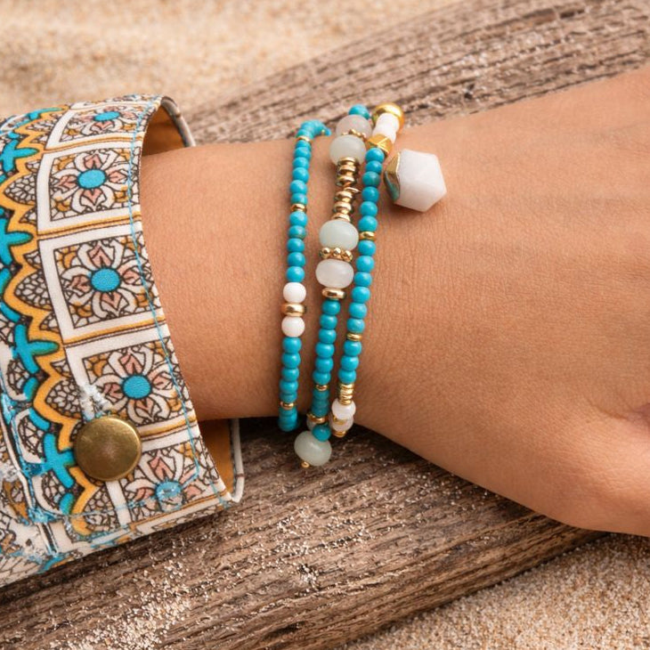 ANTARES - Turquoise & Amazonite & Shell, charm & pendant, 3x wraps bracelet