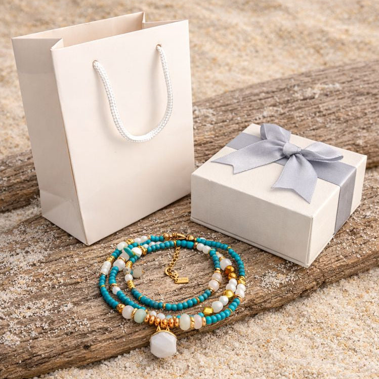 ANTARES - Turquoise & Amazonite & Shell, charm & pendant, 3x wraps bracelet