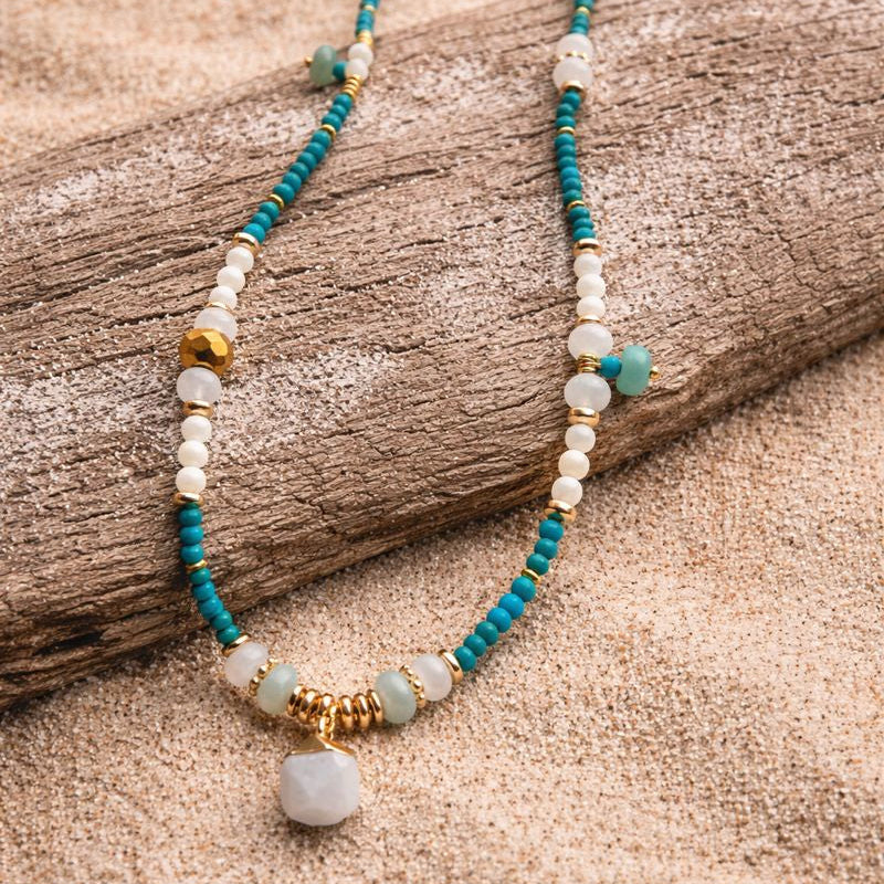 ANTARES - Turquoise & Amazonite & Shell, charm & pendant, 3x wraps bracelet