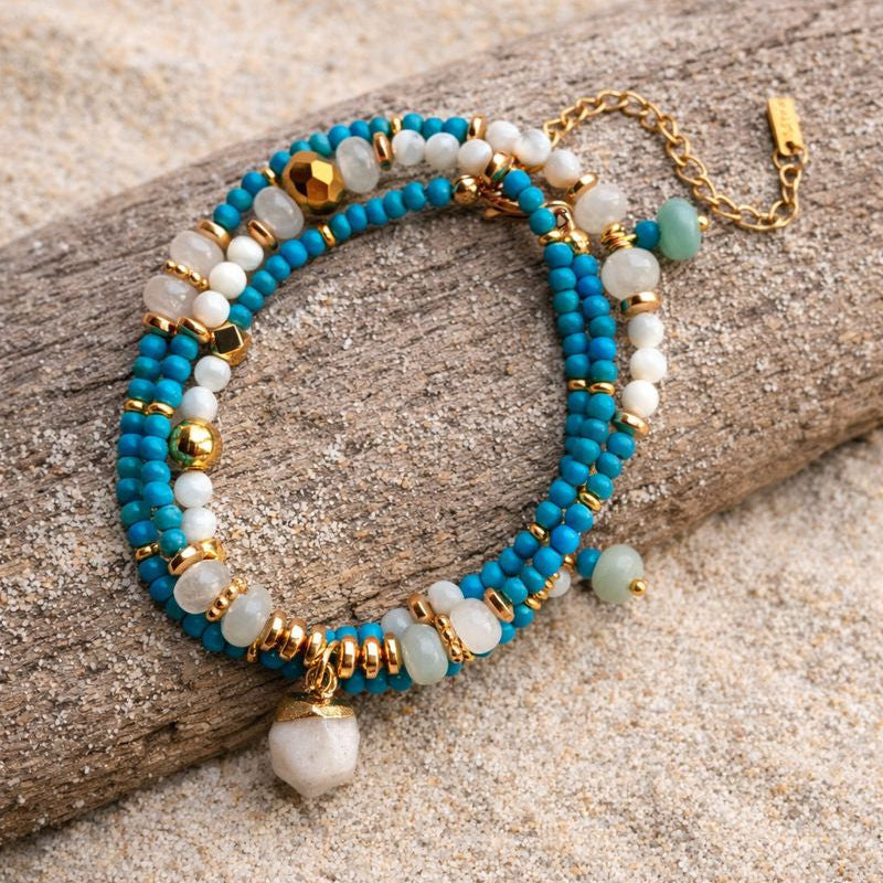 ANTARES - Turquoise & Amazonite & Shell, charm & pendant, 3x wraps bracelet