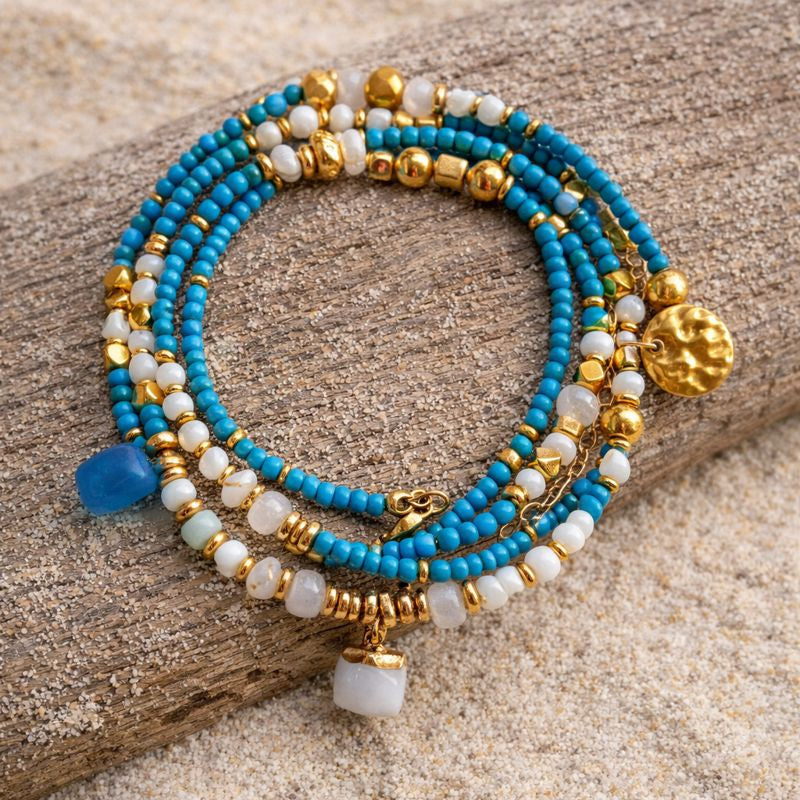 VEGA - Turquoise & Agate & Shell, charm & pendant, 5x wraps bracelet
