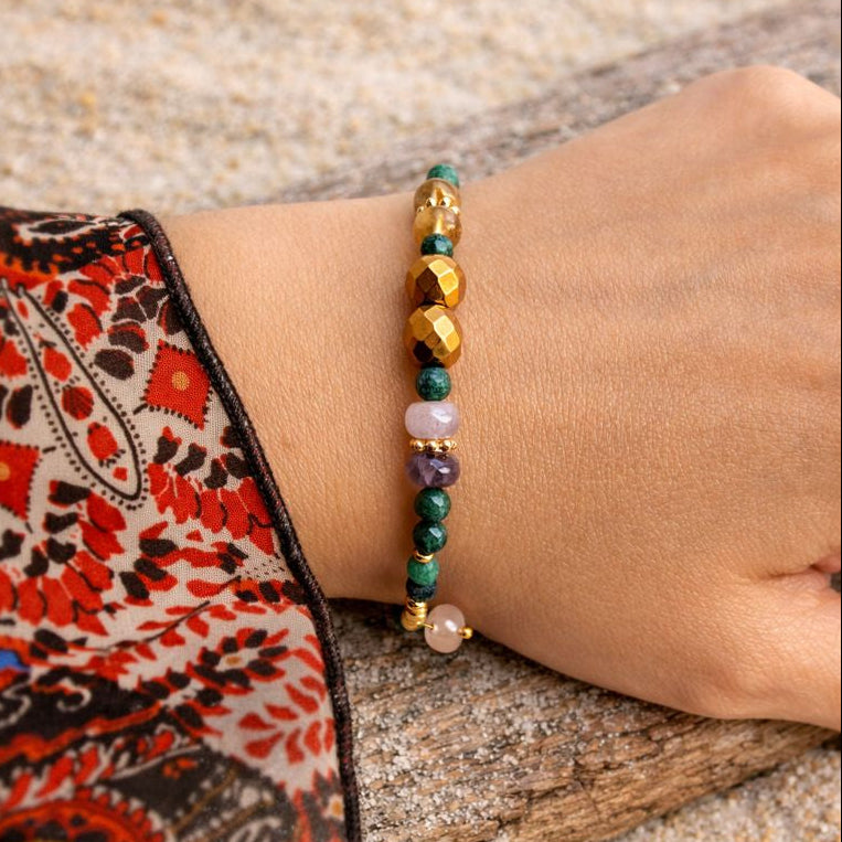 MIRA - Epidote & Amazonite, golden Hematite charm bracelet