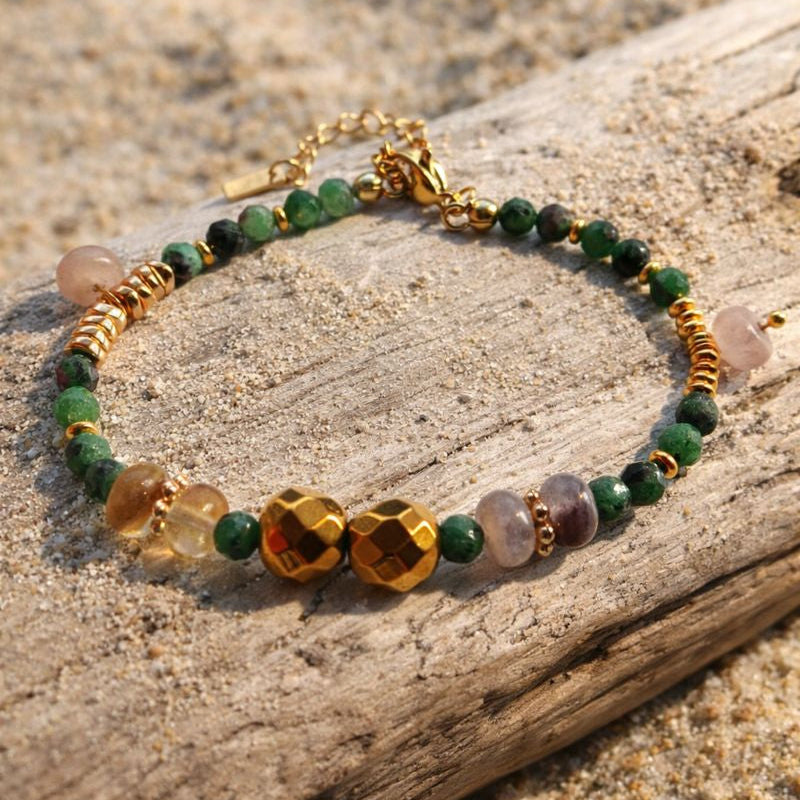MIRA - Epidote & Amazonite, golden Hematite charm bracelet