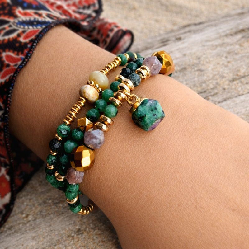 ANTARES - Epidote & Amazonite, charm & pendant, 3x wraps bracelet