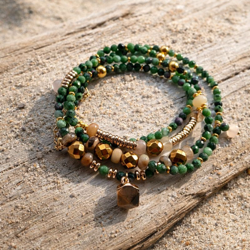 VEGA - Epidote & Amazonite, charm & Tiger Eye pendant, 5x wraps bracelet