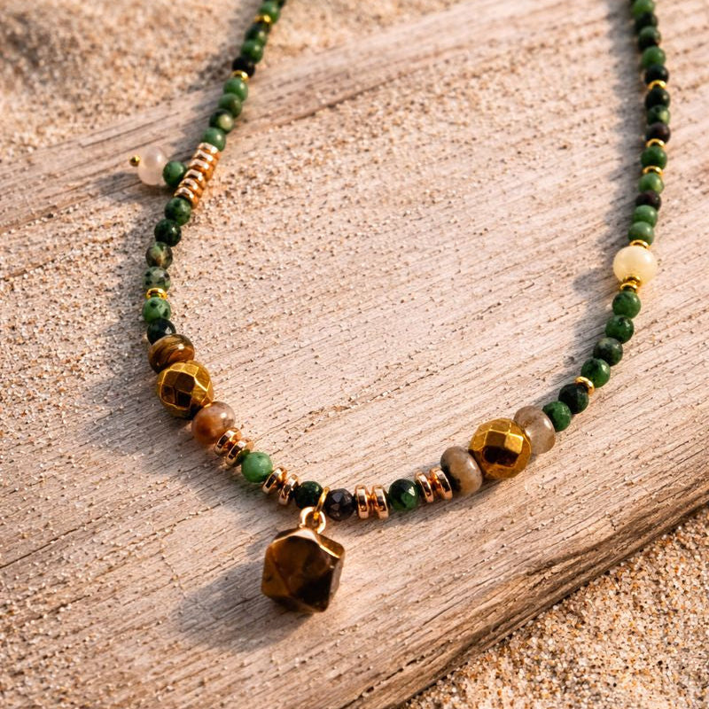 VEGA - Epidote & Amazonite, charm & Tiger Eye pendant, 5x wraps bracelet