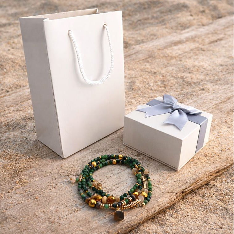 VEGA - Epidote & Amazonite, charm & Tiger Eye pendant, 5x wraps bracelet