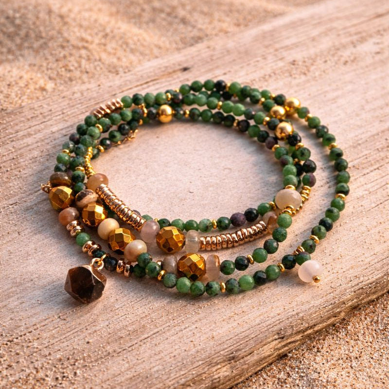 VEGA - Epidote & Amazonite, charm & Tiger Eye pendant, 5x wraps bracelet
