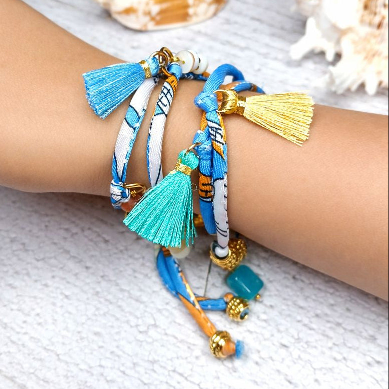 MAIA - Blue & White fabric cord, tassel & charm gemstones wrap bracelet