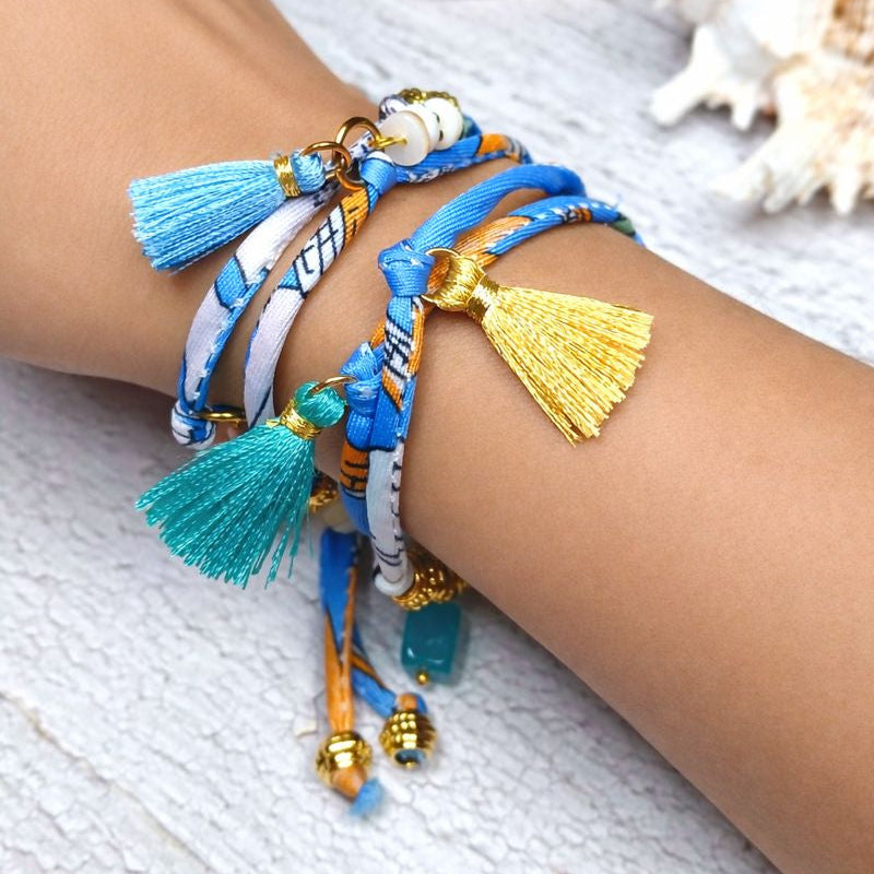 MAIA - Blue & White fabric cord, tassel & charm gemstones wrap bracelet
