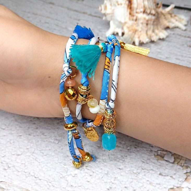 MAIA - Blue & White fabric cord, tassel & charm gemstones wrap bracelet