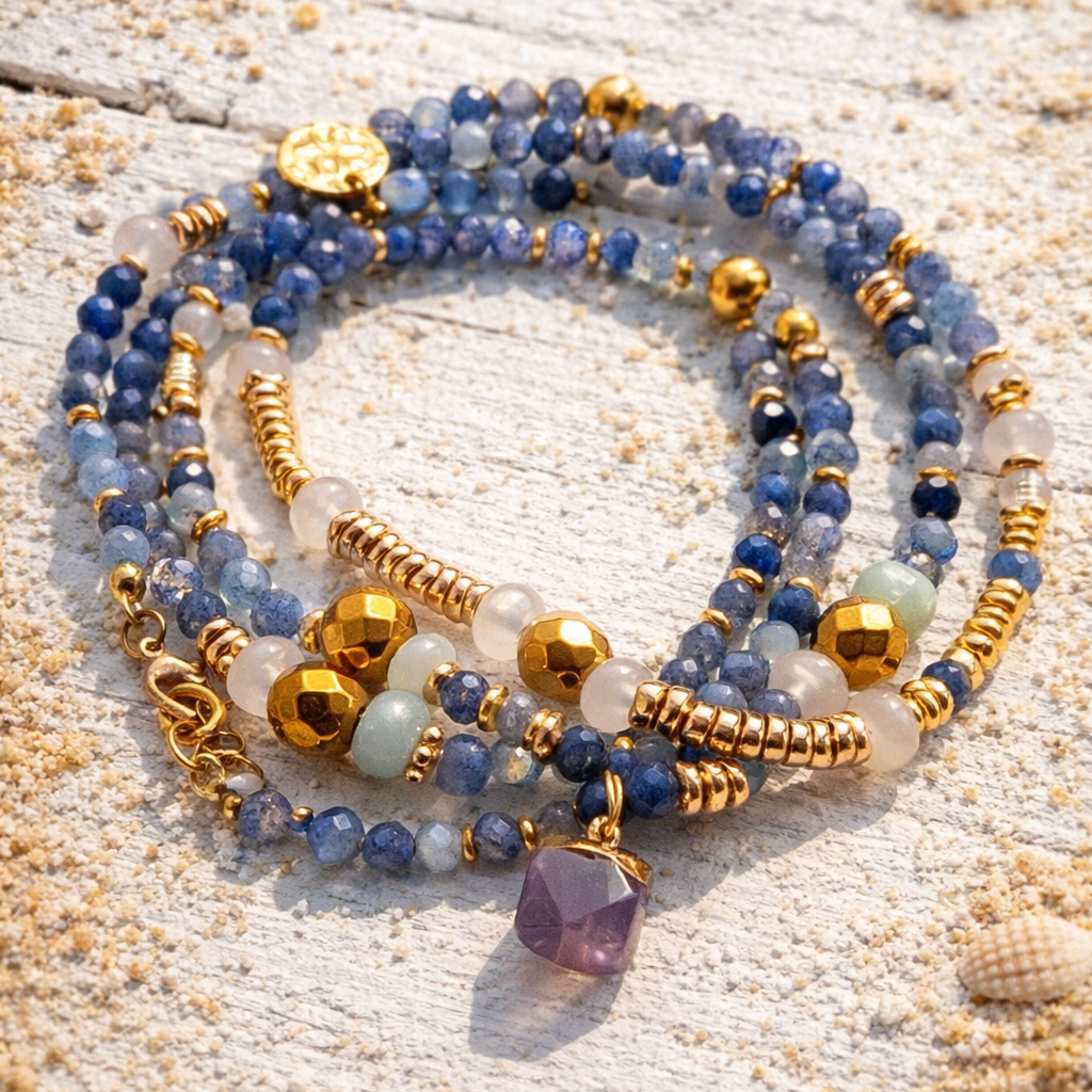 VEGA - Aventurine & Amazonite, charm & Amethyst pendant, 5x wraps bracelet