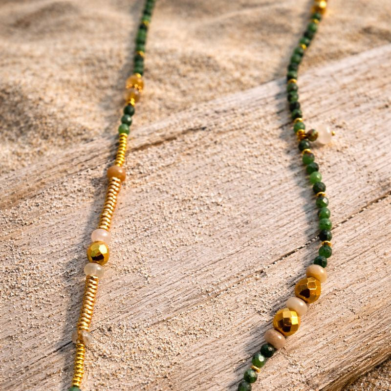 VEGA - Epidote & Amazonite, charm & Tiger Eye pendant, 5x wraps bracelet