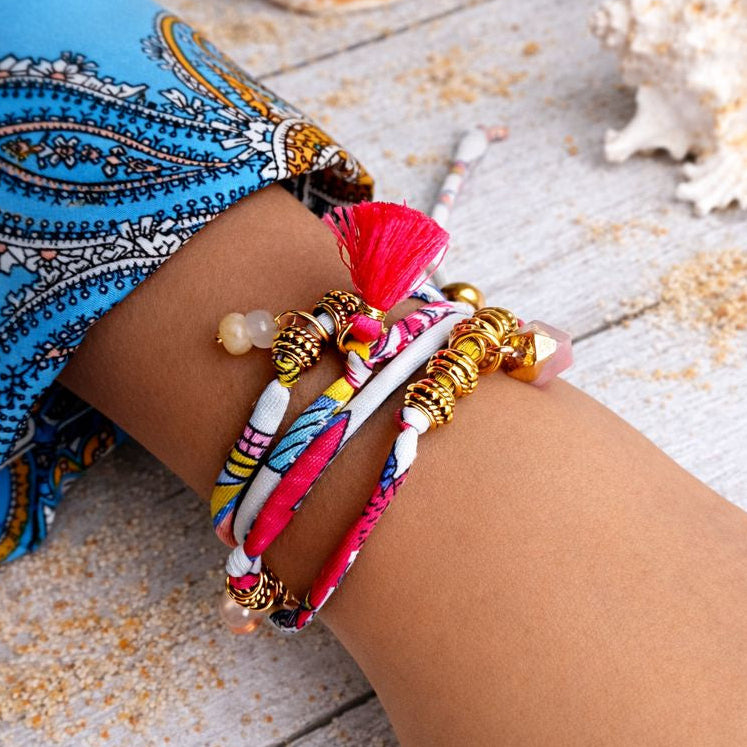 MAIA - Purple & White fabric cord, tassel & charm gemstones wrap bracelet